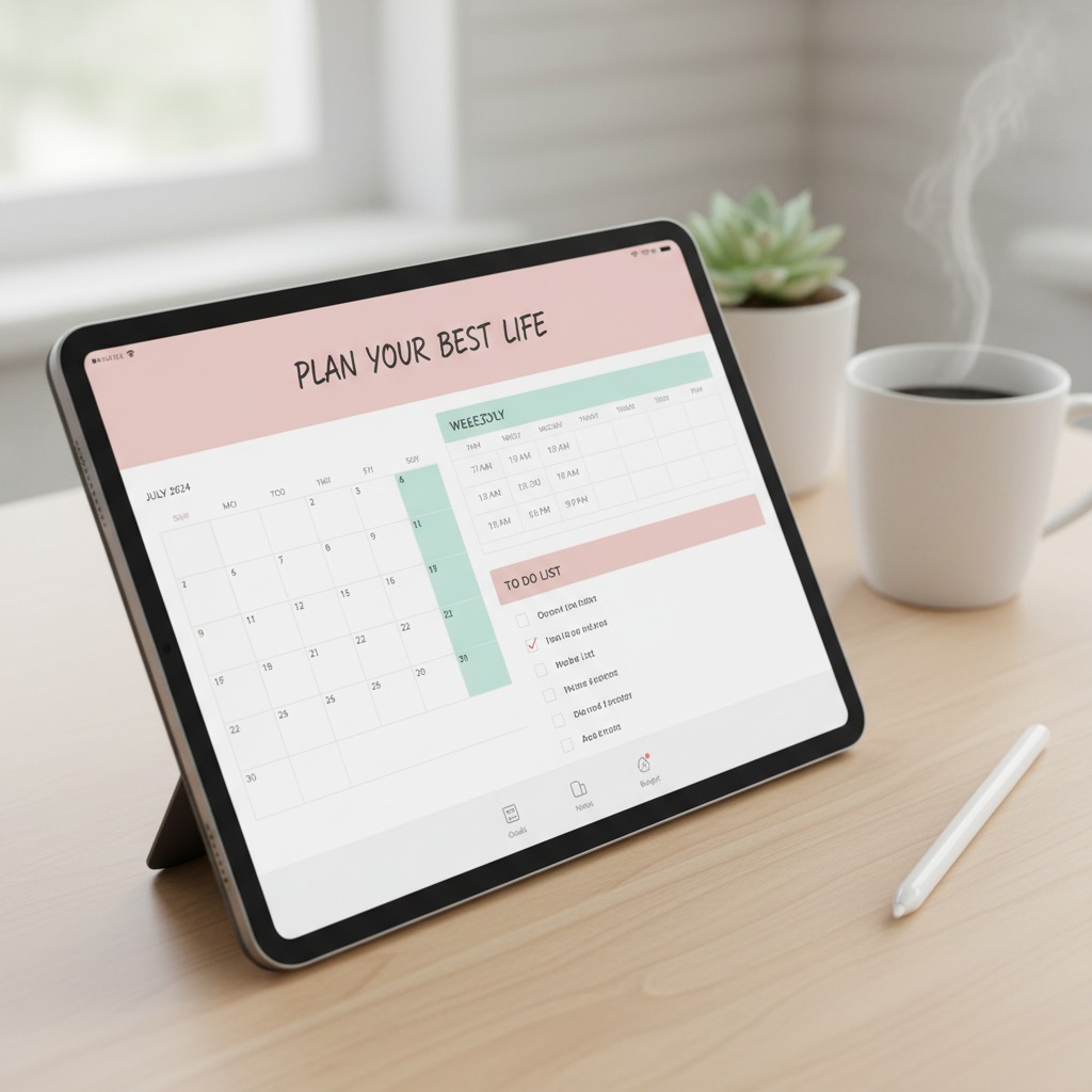 A tablet displaying a digital planner app sits on a wooden desk next to a steaming cup of coffee and a small succulent.